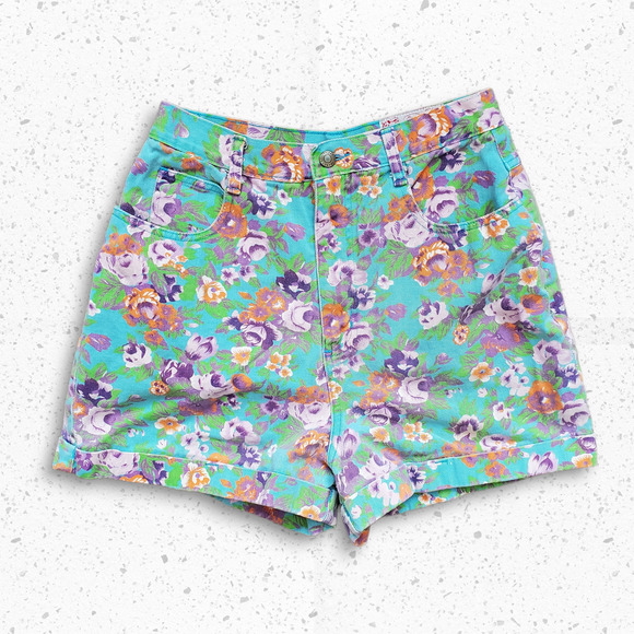 VTG 90s Floral Pattern Denim High Rise Shorts by Not Guilty Sz 11/12 - Picture 1 of 5